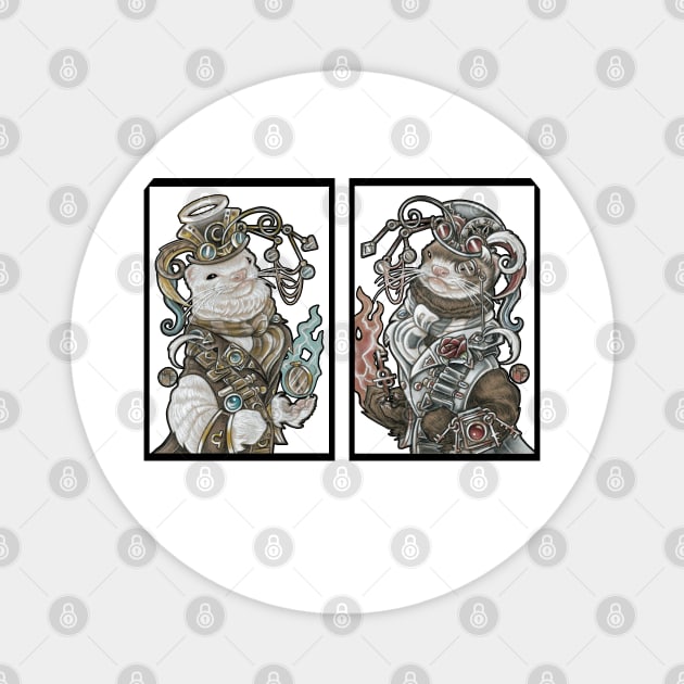 Steampunk Devil and Angel Ferrets - 'A little bit good, A little bit bad' - White Outline Magnet by Nat Ewert Art